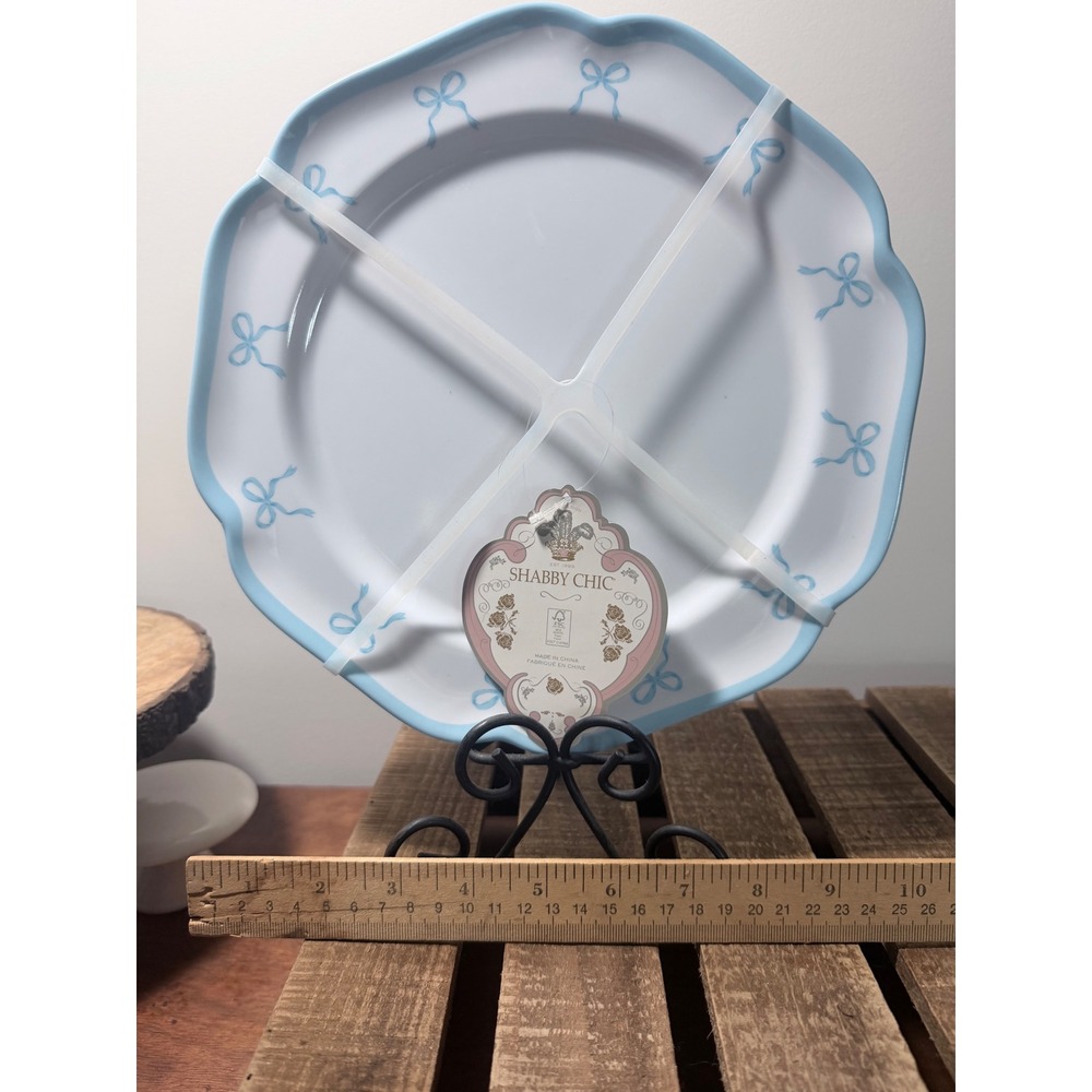Shabby Chic Coquette BLUE Bows Melamine 11" Dinner Plates~Scalloped Set Of 4